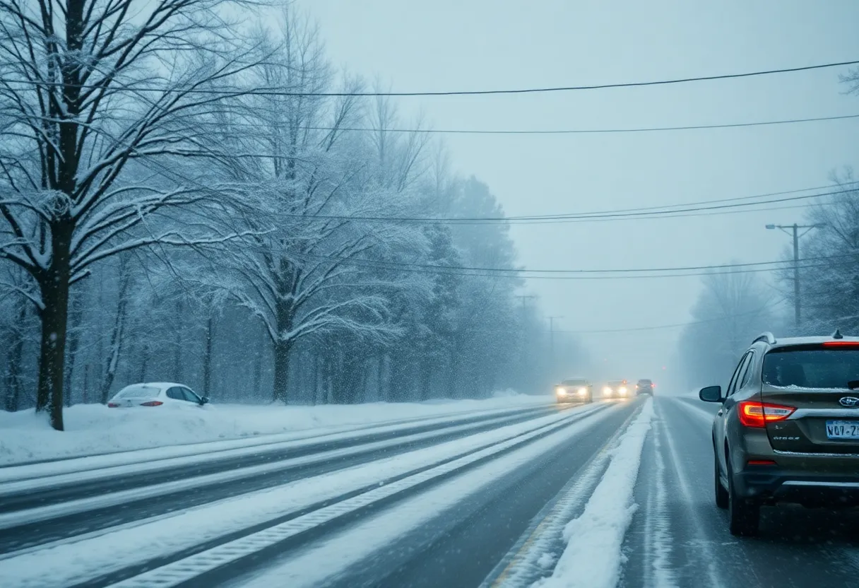 Snow-covered road in South Carolina during winter storm