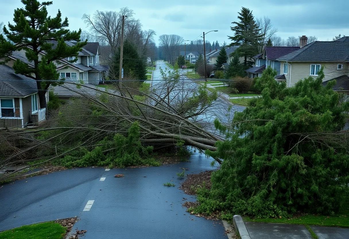 Damage from severe storms in Augusta with fallen trees and debris in roadways