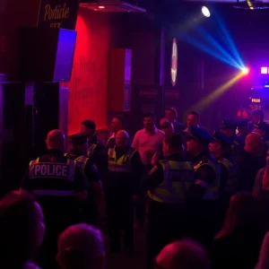 Law enforcement officers conducting a raid at a nightclub with flashing lights.