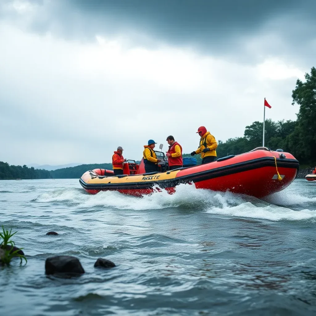 Inflatable swift water rescue boat ready for operation in stormy weather.