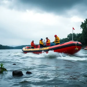 Inflatable swift water rescue boat ready for operation in stormy weather.