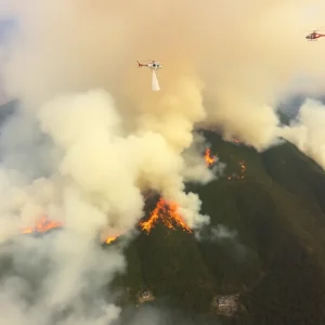 Aerial view of the Table Rock Fire with smoke and helicopters