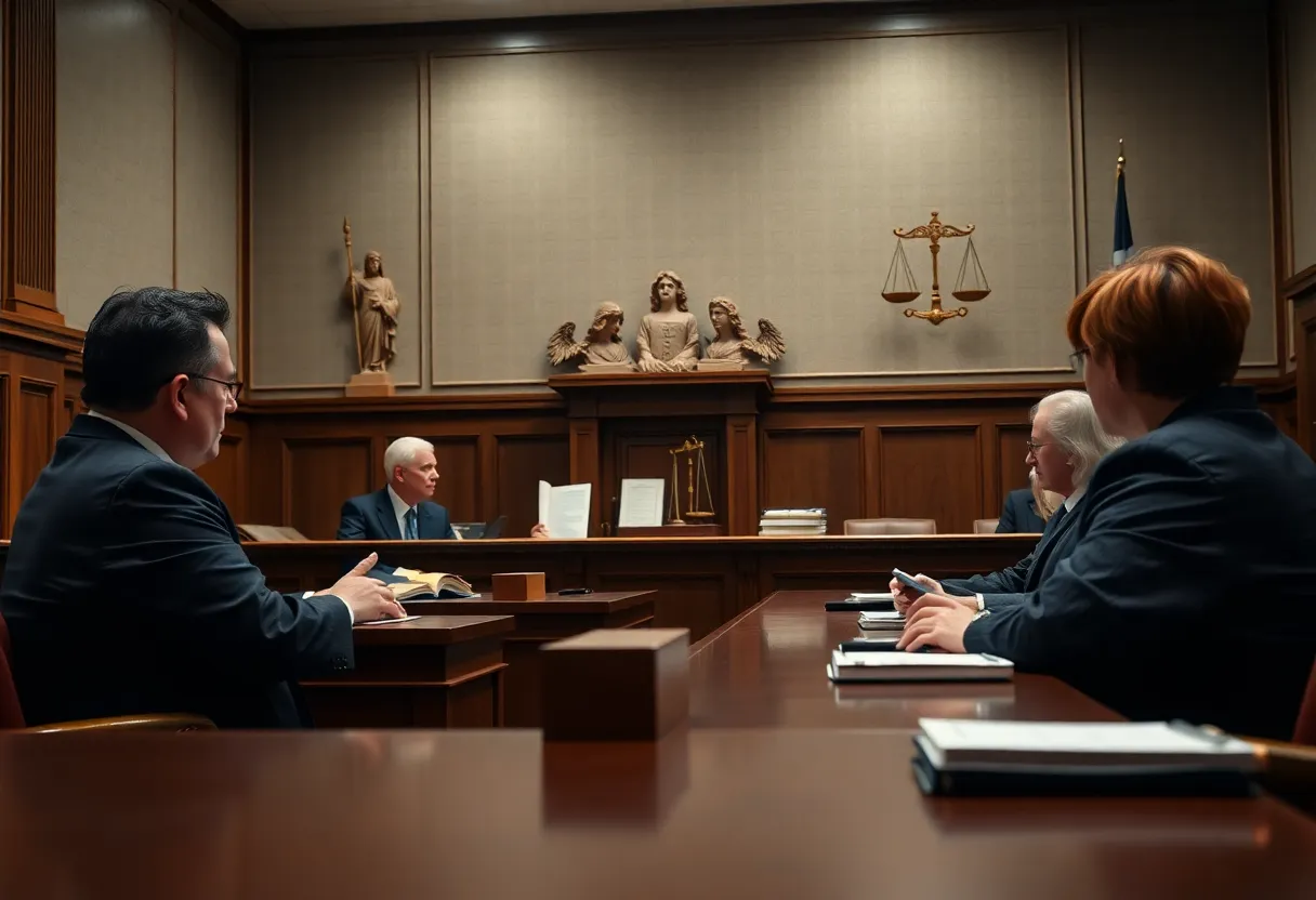 Courtroom scene depicting a ruling on the Ten Commandments law