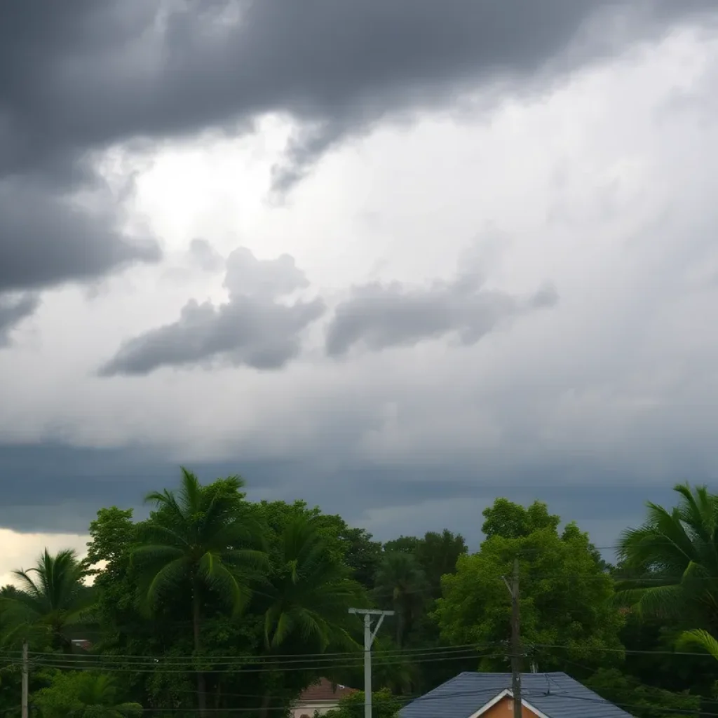 Dark storm clouds over Greenwood with visible damage from a thunderstorm.