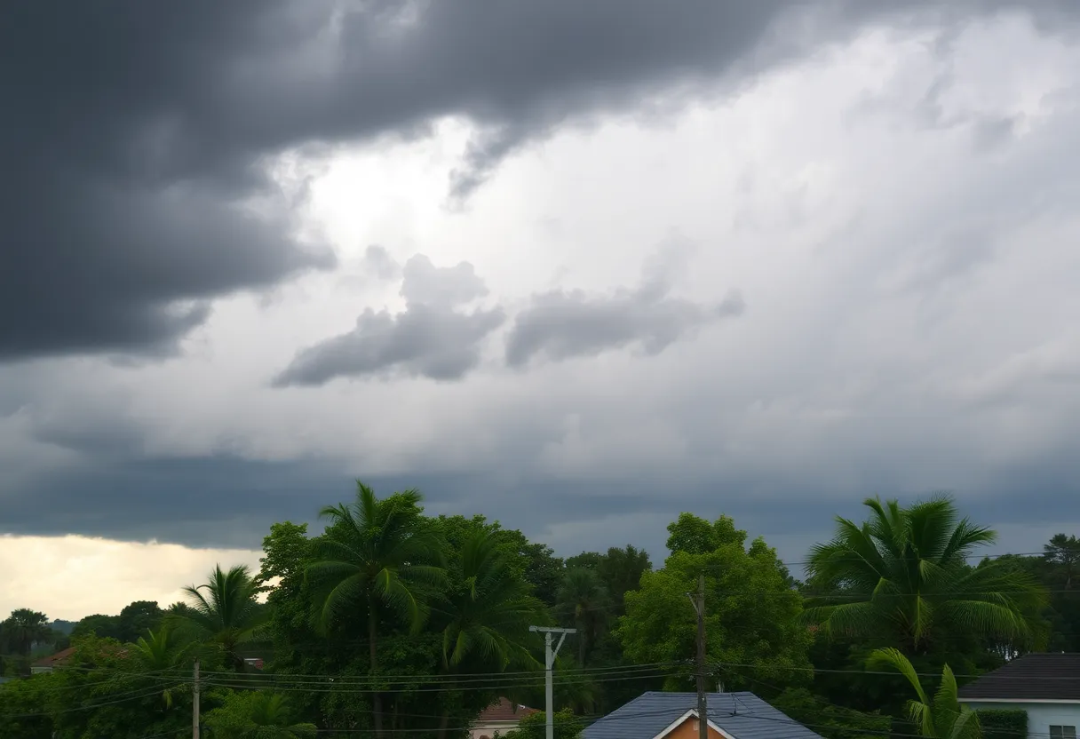 Dark storm clouds over Greenwood with visible damage from a thunderstorm.