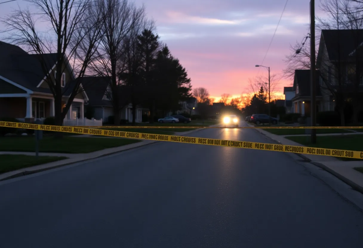 Police tape in a Warrenville neighborhood at dawn
