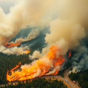 Aerial view of wildfires in North and South Carolina demonstrating emergency response efforts and smoke.