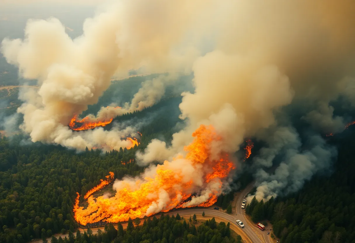 Aerial view of wildfires in North and South Carolina demonstrating emergency response efforts and smoke.
