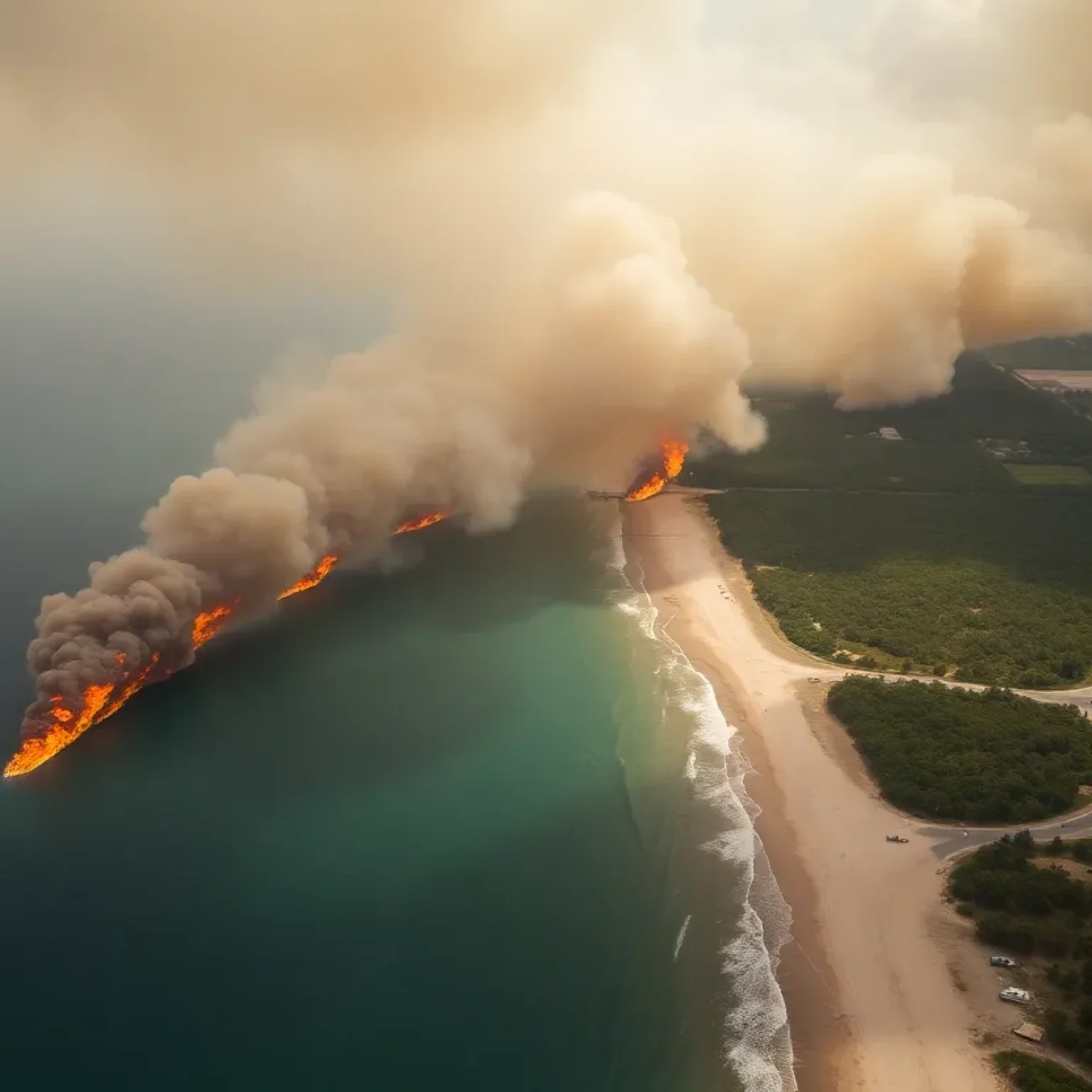 Aerial view of wildfires in North Carolina with visible smoke