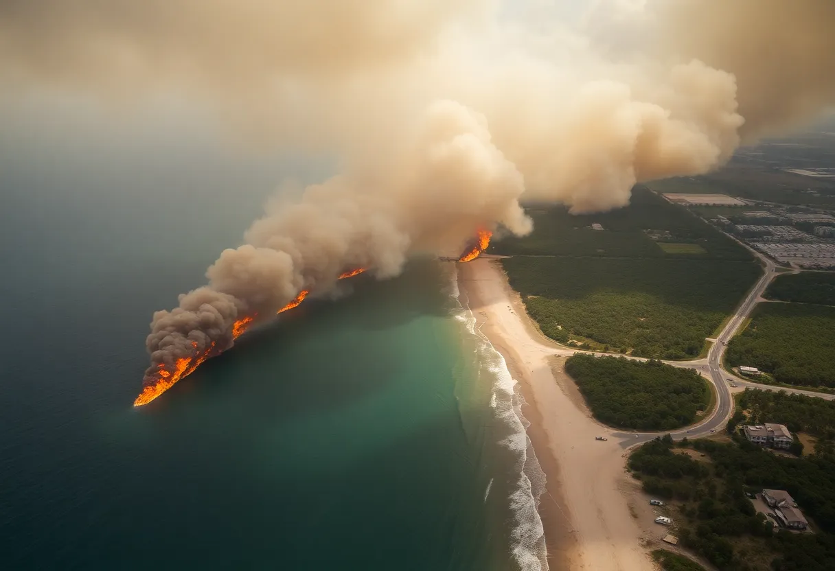 Aerial view of wildfires in North Carolina with visible smoke