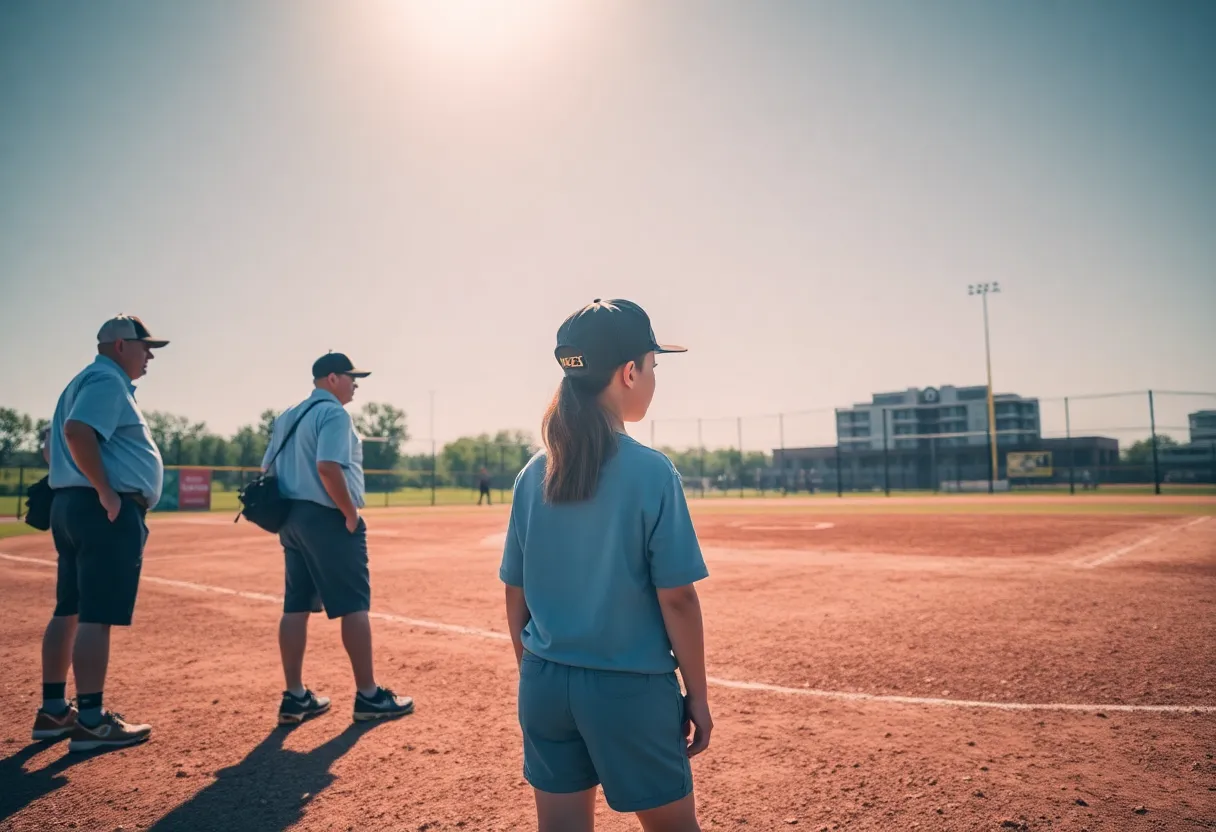 Youth softball game being conducted in hot weather with officials present.
