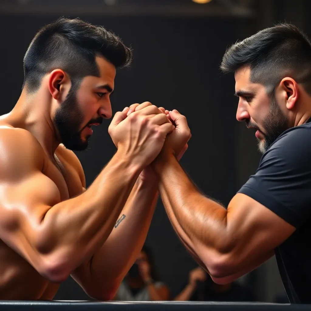 A scene depicting an arm wrestling championship match with competitors showcasing their strength.
