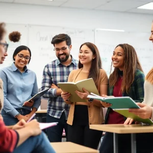 A group of aspiring teachers collaborating and discussing in a classroom.