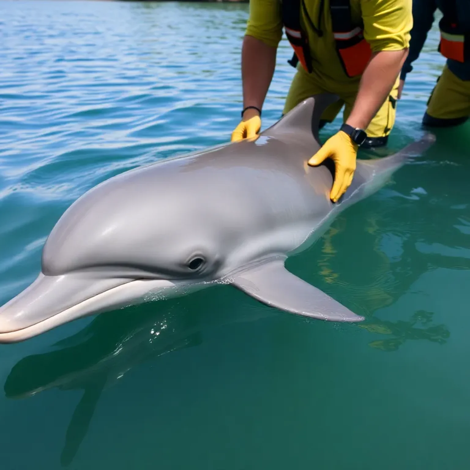 Rescue team carrying a bottlenose dolphin in a shallow lagoon