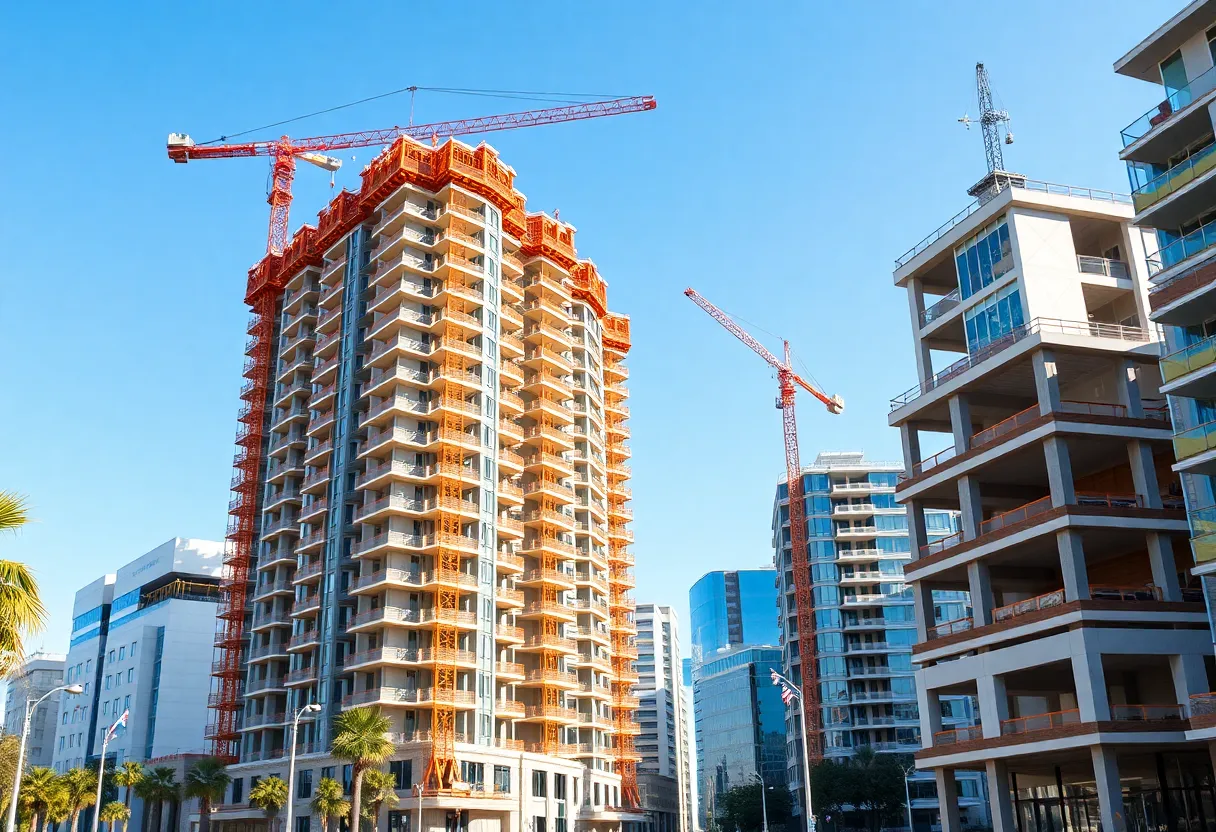 Construction of new housing in California with cranes and workers