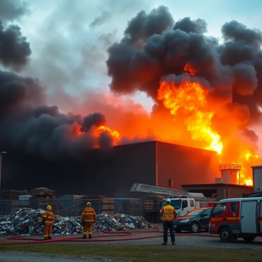 Firefighters extinguishing a fire at C&C Metals recycling center