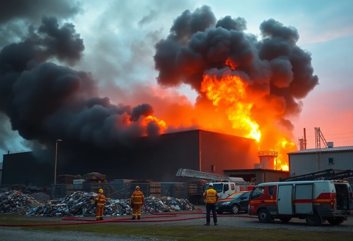 Firefighters extinguishing a fire at C&C Metals recycling center