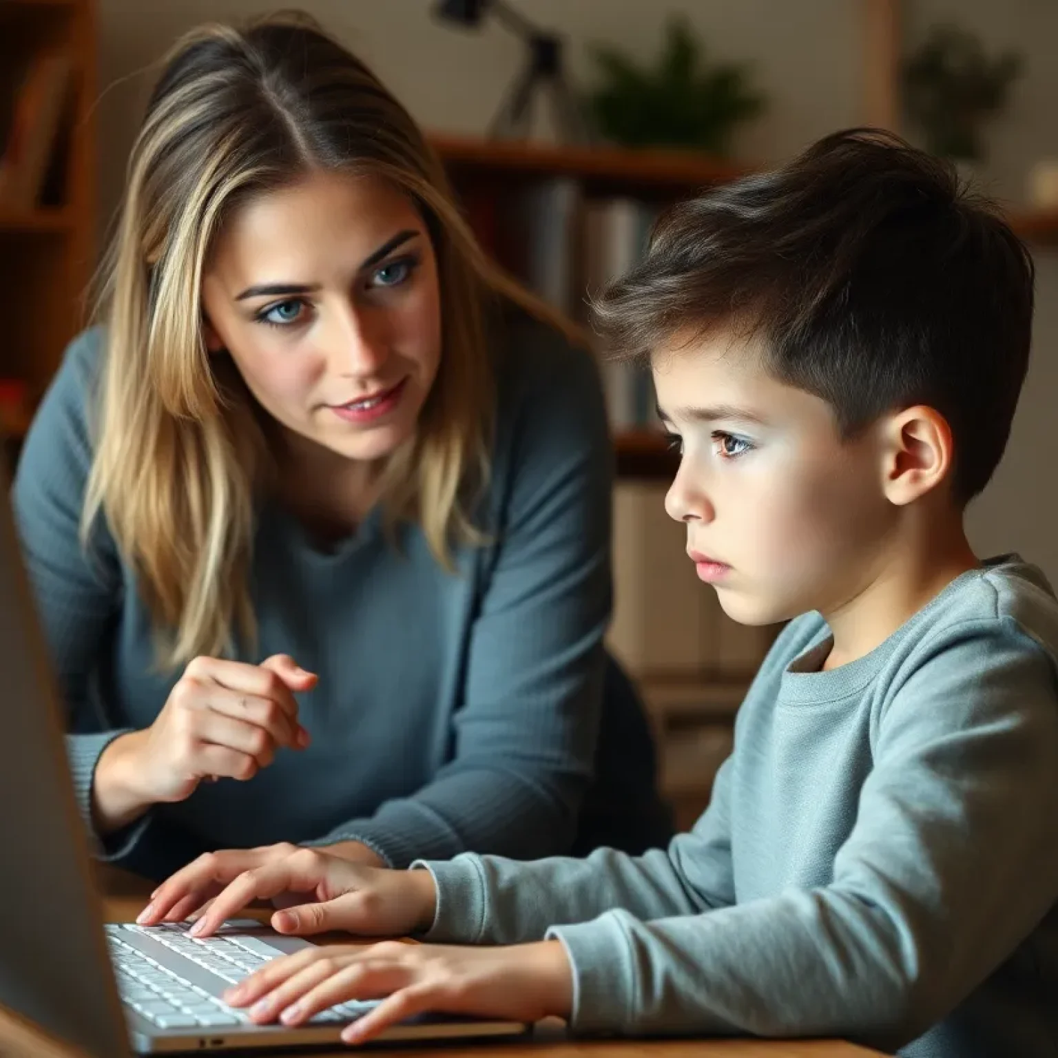 Illustration of a parent supervising a child on a computer, representing child online safety.