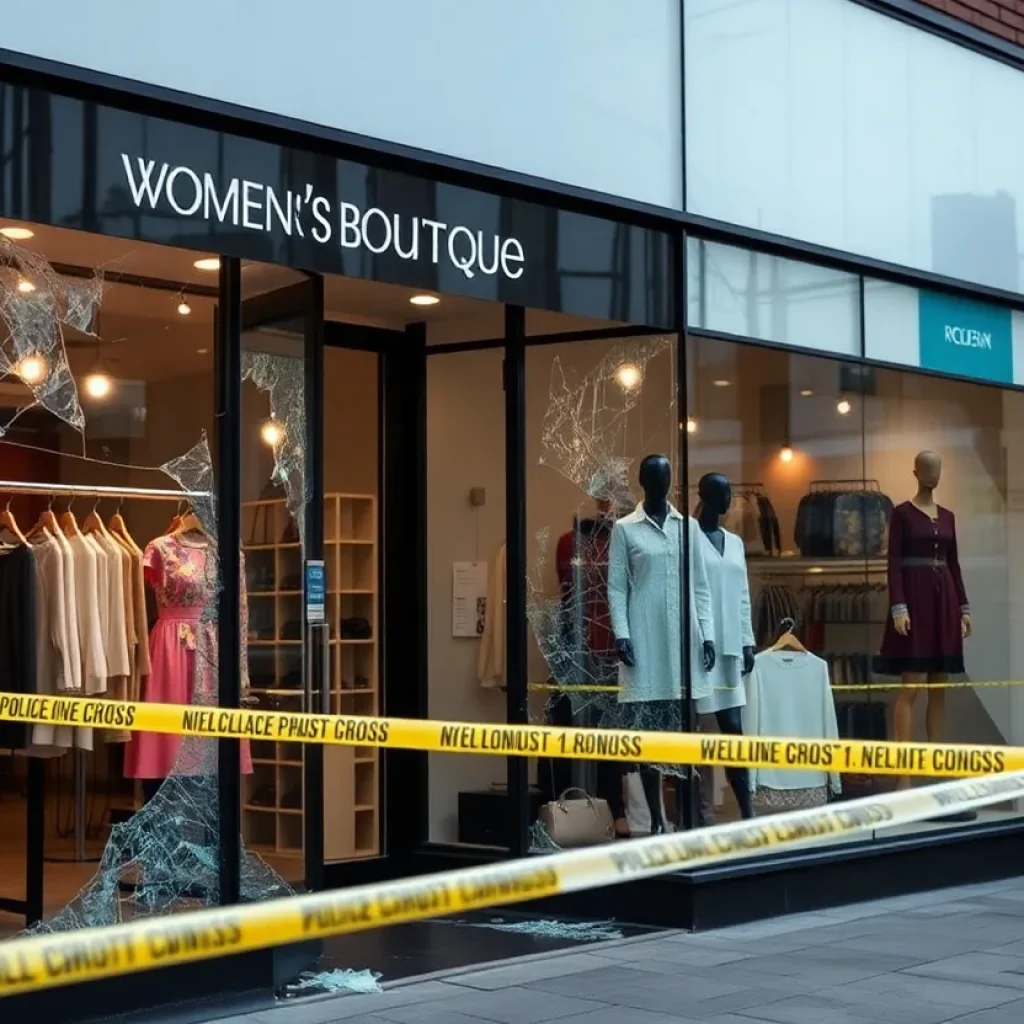 Front view of Tapestry Inc. boutique with shattered glass