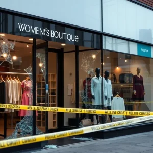 Front view of Tapestry Inc. boutique with shattered glass