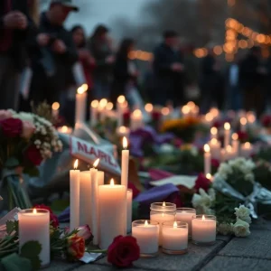 Candles and flowers at a vigil in memory of shooting victims