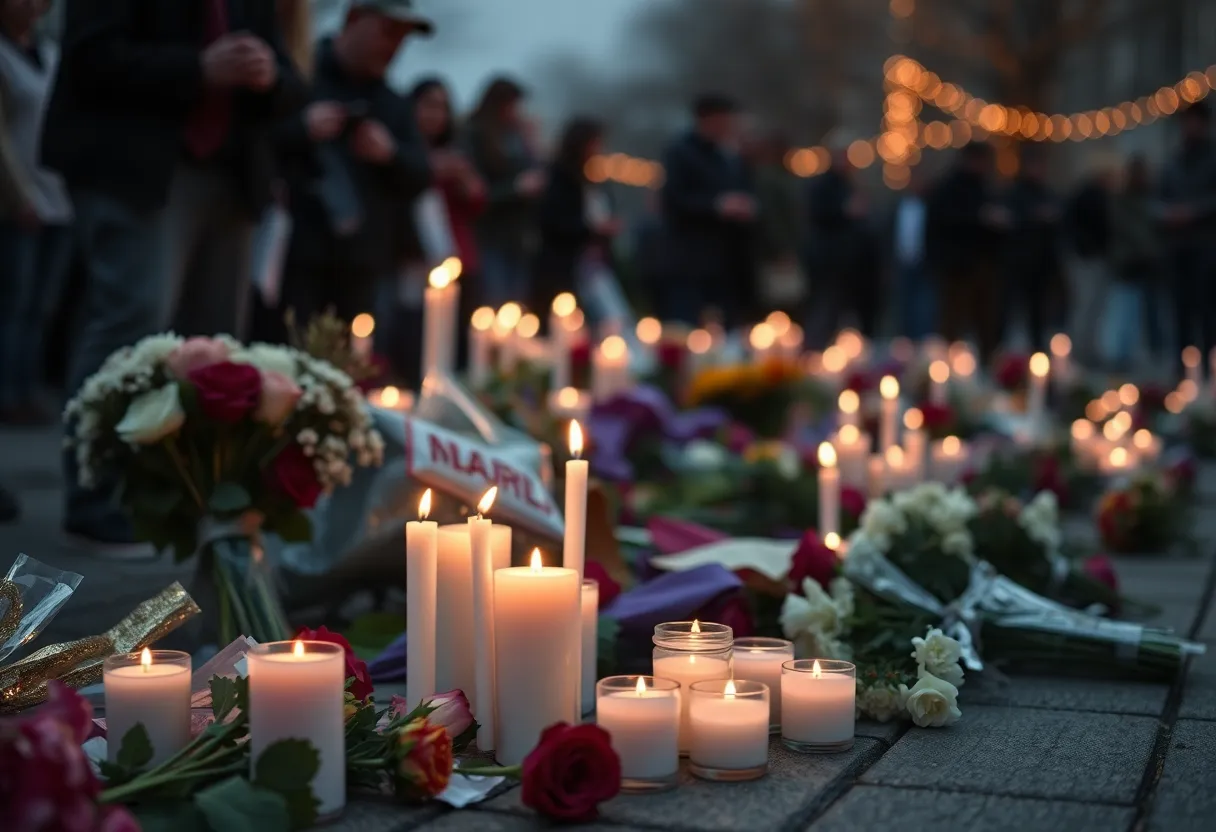 Candles and flowers at a vigil in memory of shooting victims