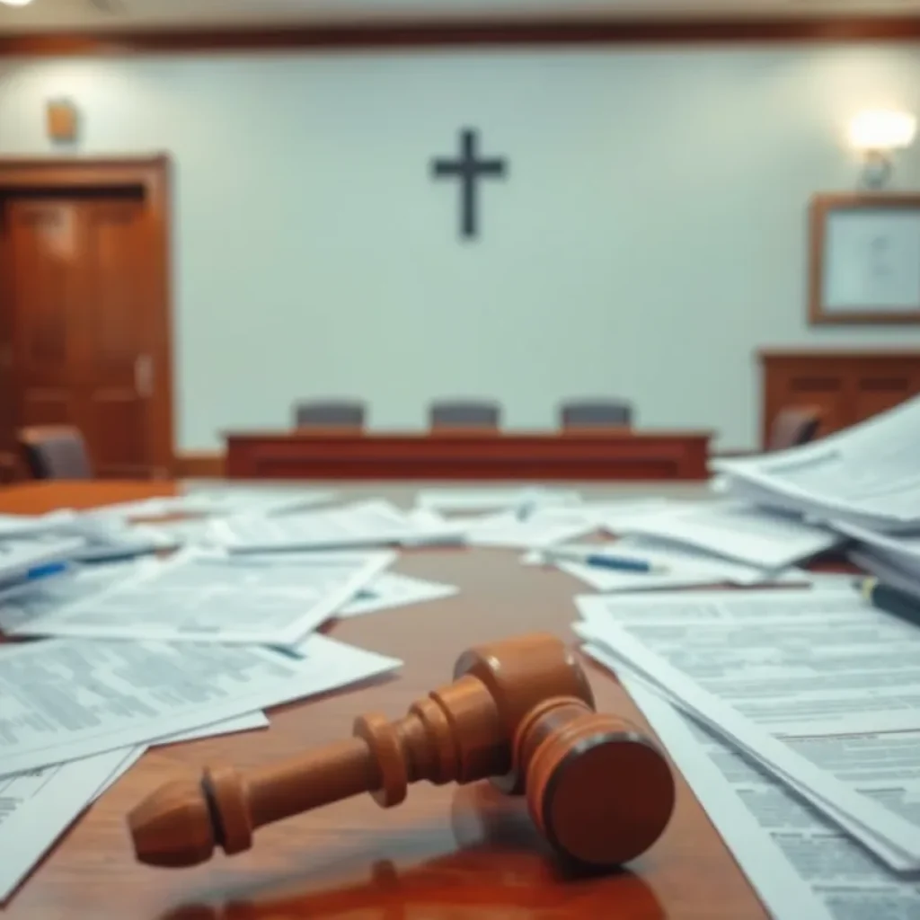 Courtroom setting showing documents related to identity fraud