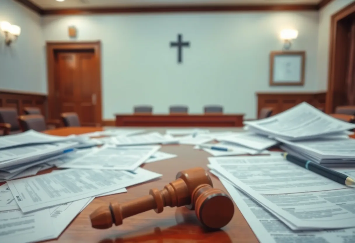 Courtroom setting showing documents related to identity fraud