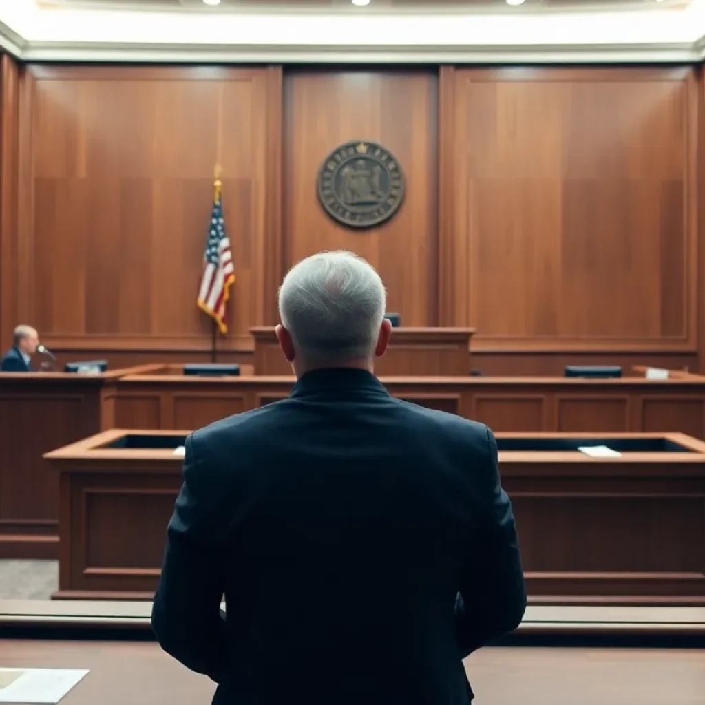 Courtroom scene depicting legal proceedings