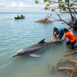 Volunteers and rescue teams working to save a stranded dolphin in a lagoon.