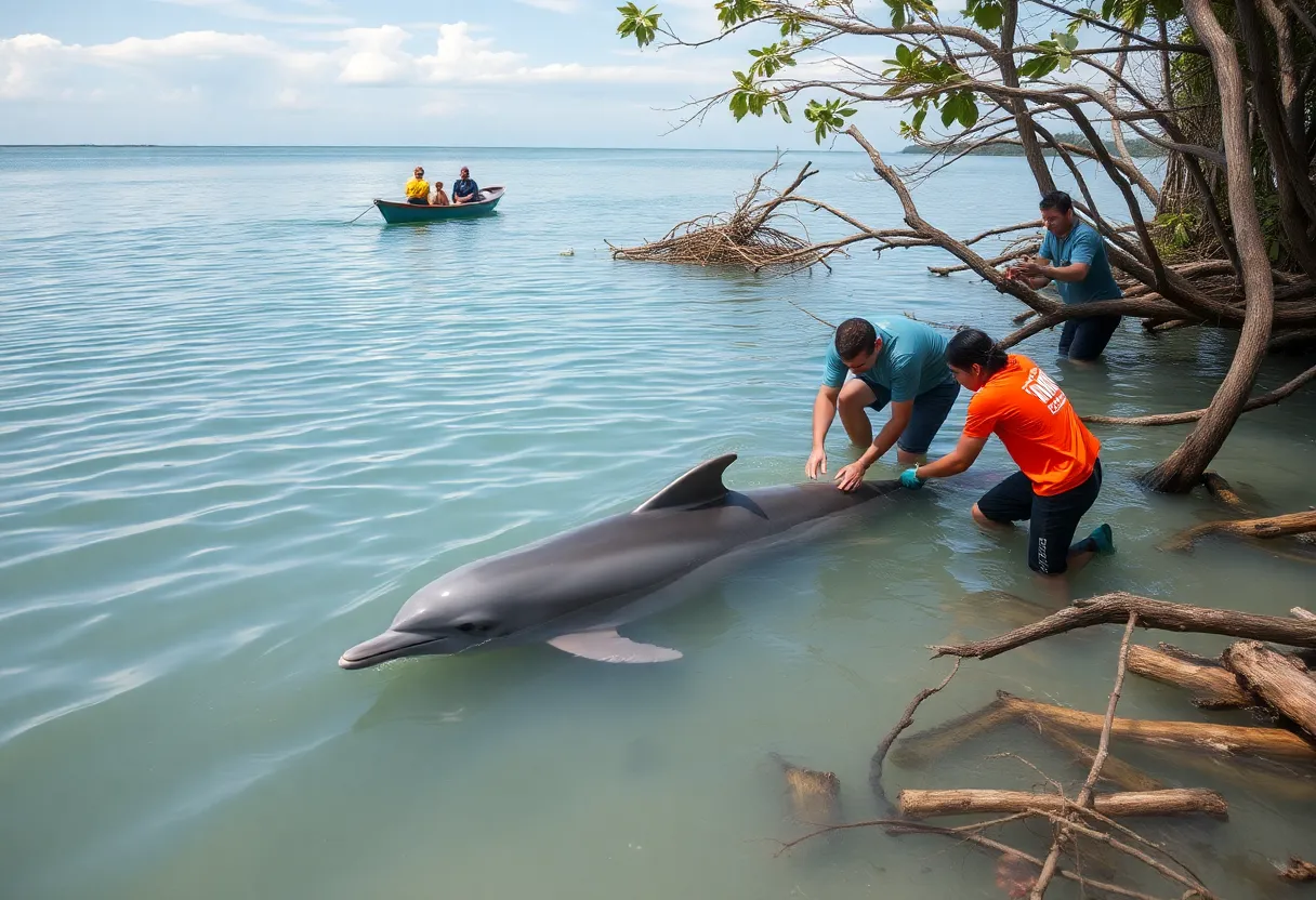 Volunteers and rescue teams working to save a stranded dolphin in a lagoon.