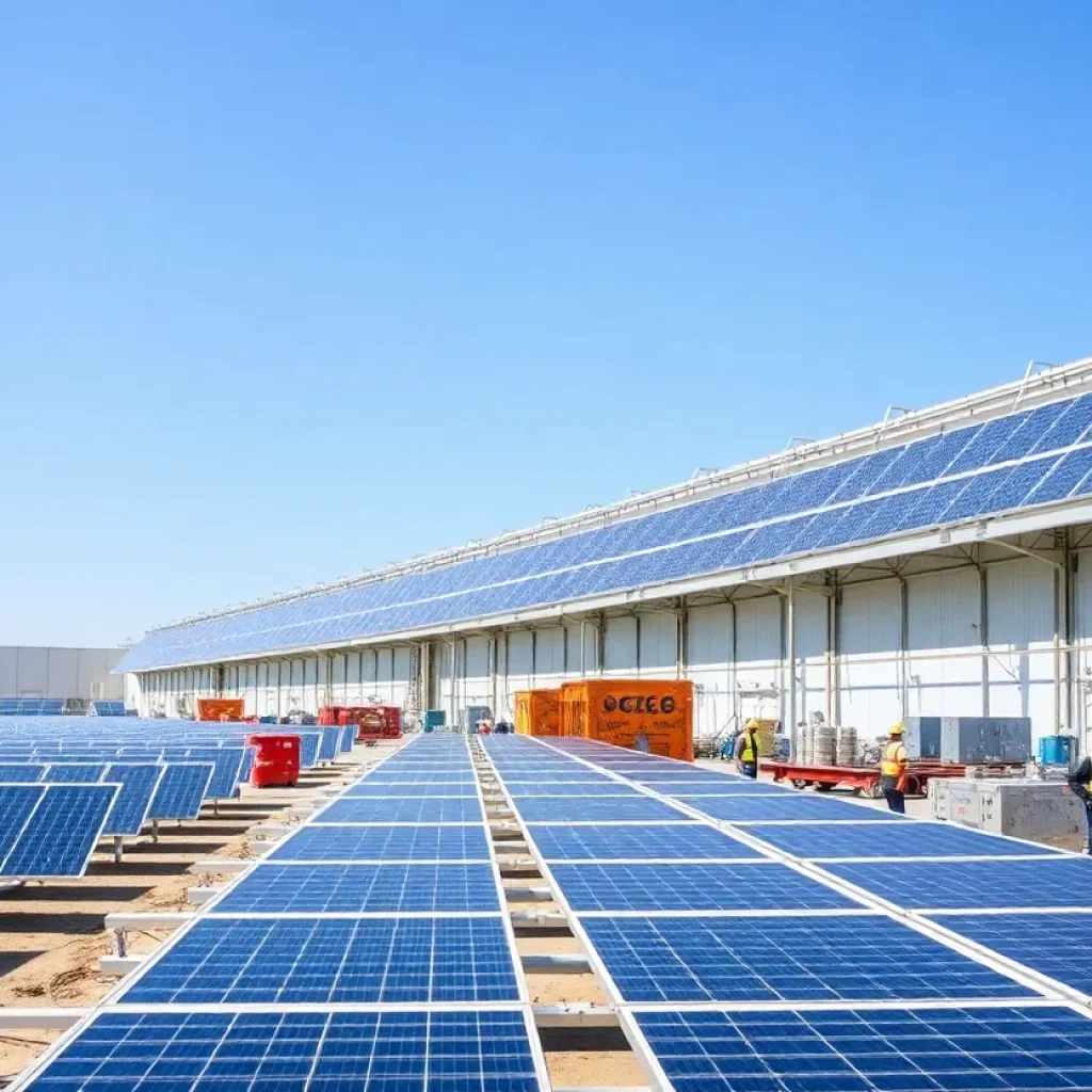 Modern solar cell manufacturing facility with solar panels.
