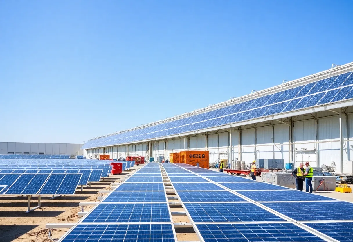 Modern solar cell manufacturing facility with solar panels.