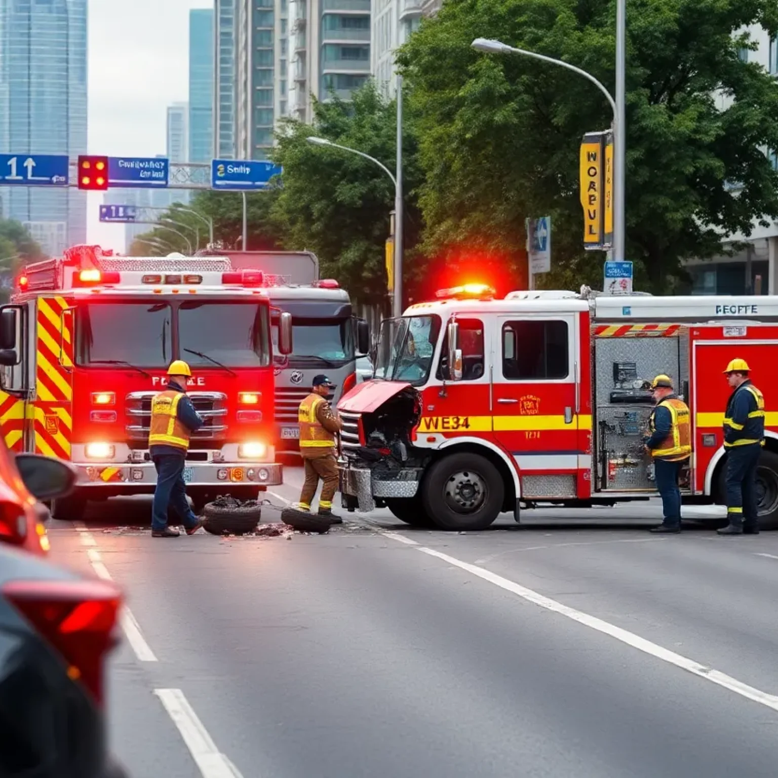 Scene of a fire truck accident on an urban road
