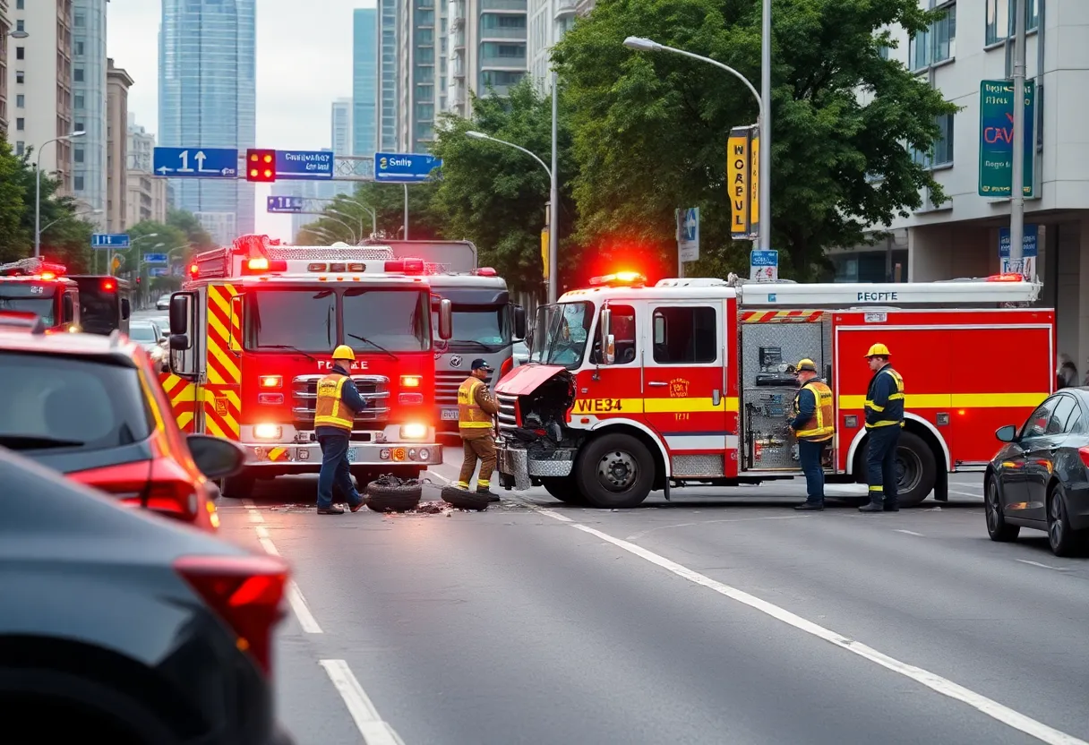 Scene of a fire truck accident on an urban road