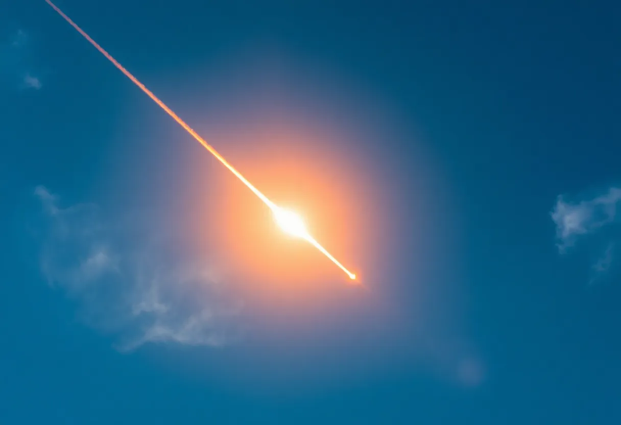 Fireball meteor streaking across a blue sky