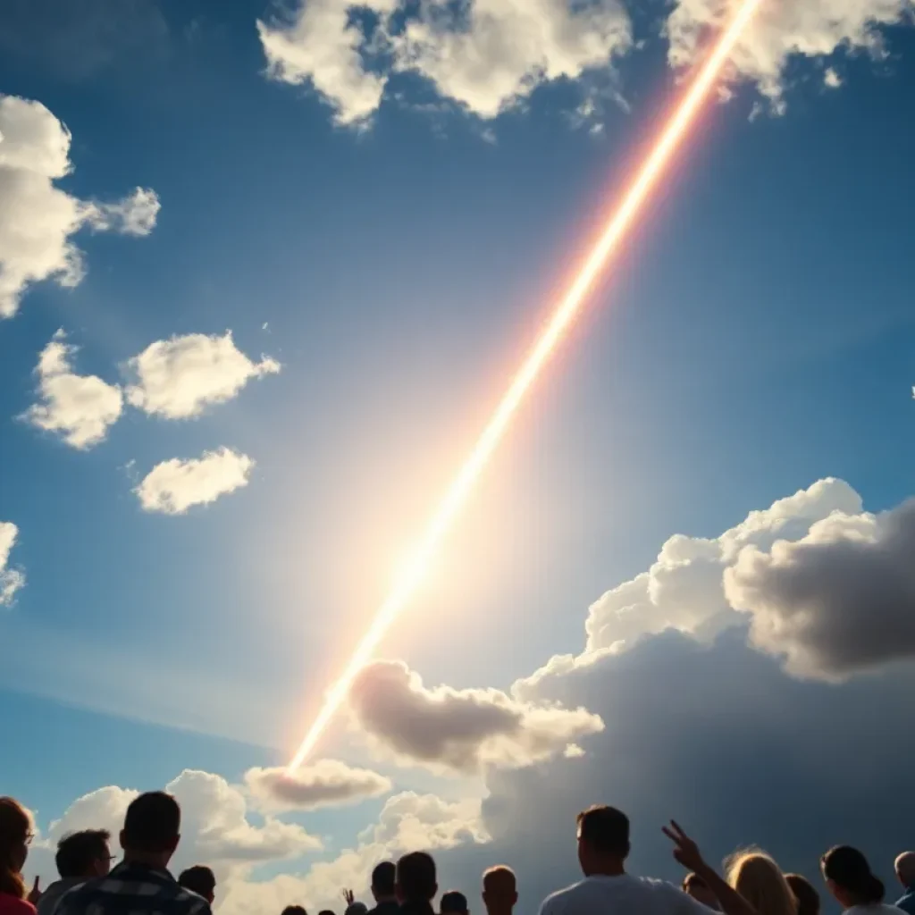 A bright fireball streaking across the blue sky during the daytime.