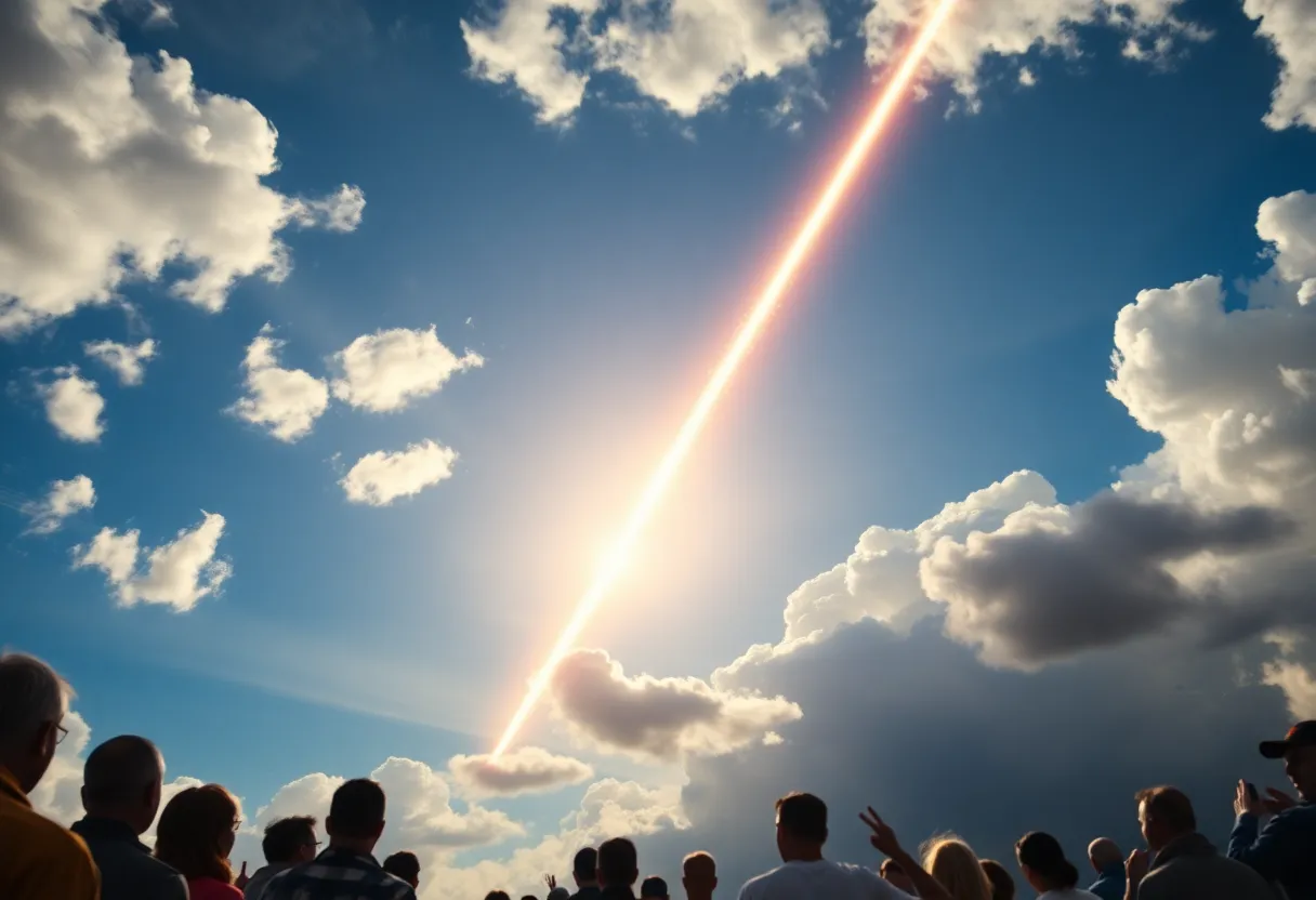 A bright fireball streaking across the blue sky during the daytime.