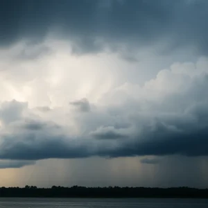 Dark storm clouds over Florida with rain indicating a tropical system