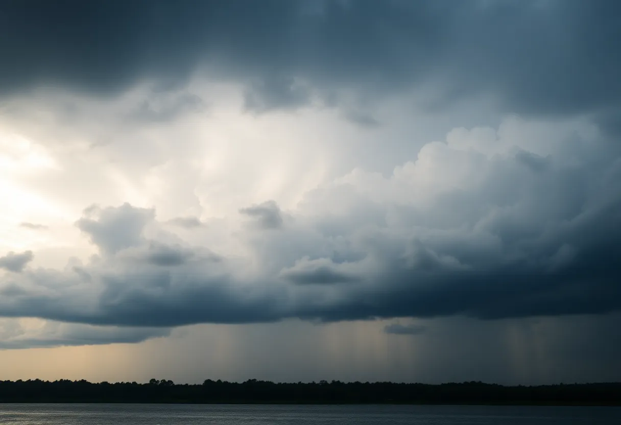 Dark storm clouds over Florida with rain indicating a tropical system