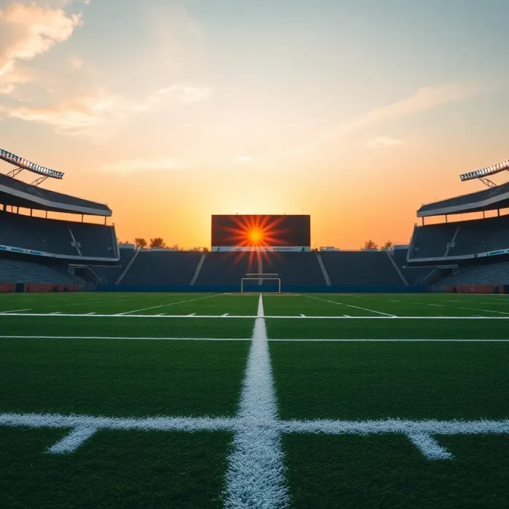 An empty football field at sunset