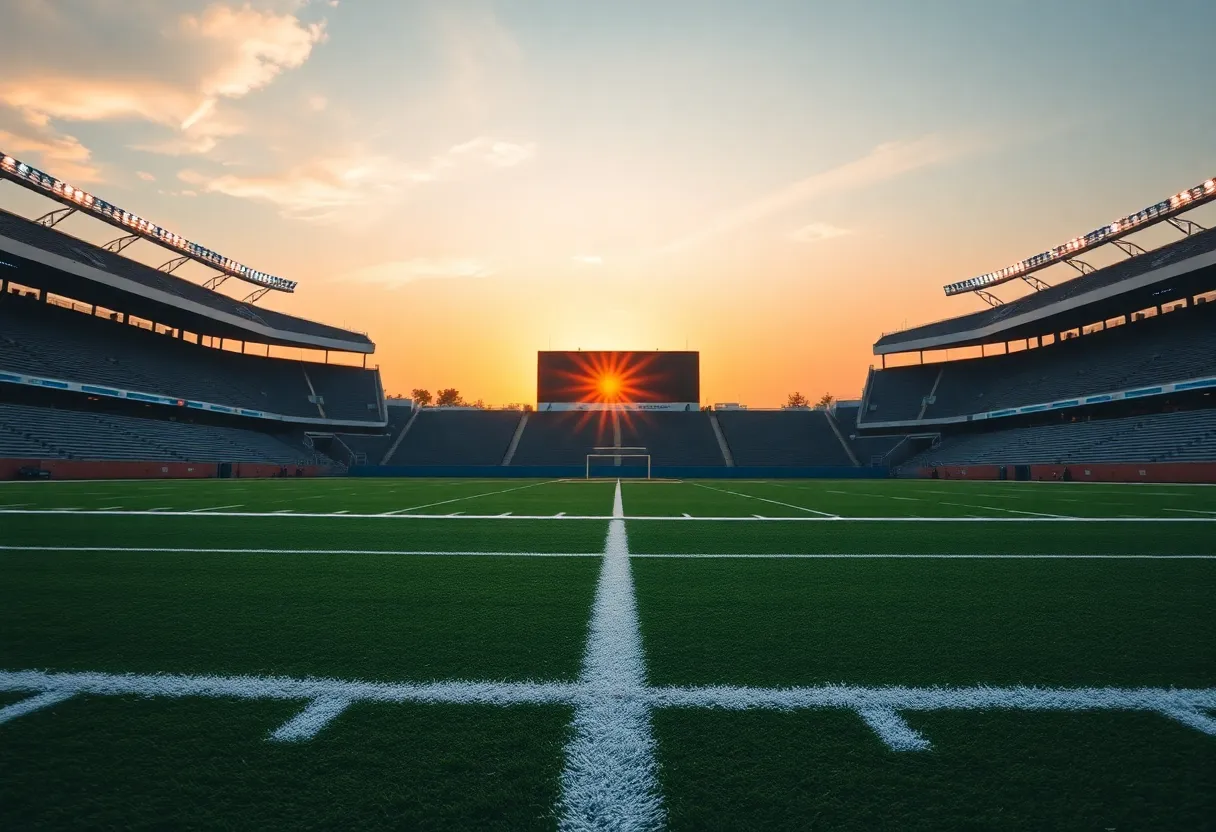 An empty football field at sunset