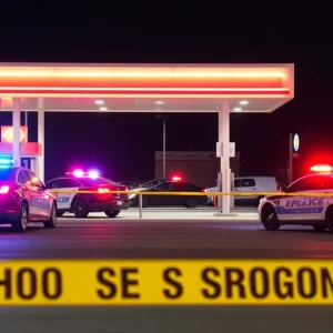 Crime scene outside a gas station with police presence.