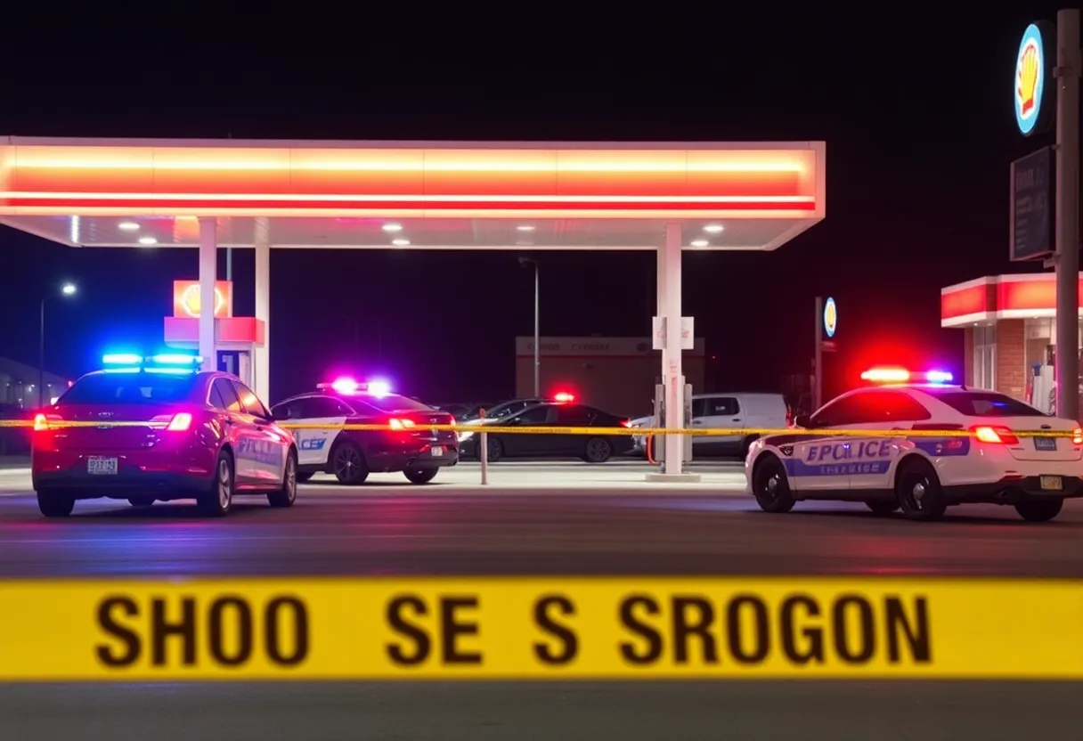 Crime scene outside a gas station with police presence.