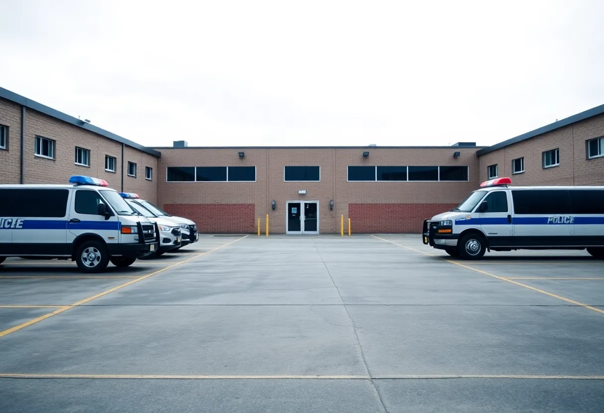 Scene of vacant training facility with police presence