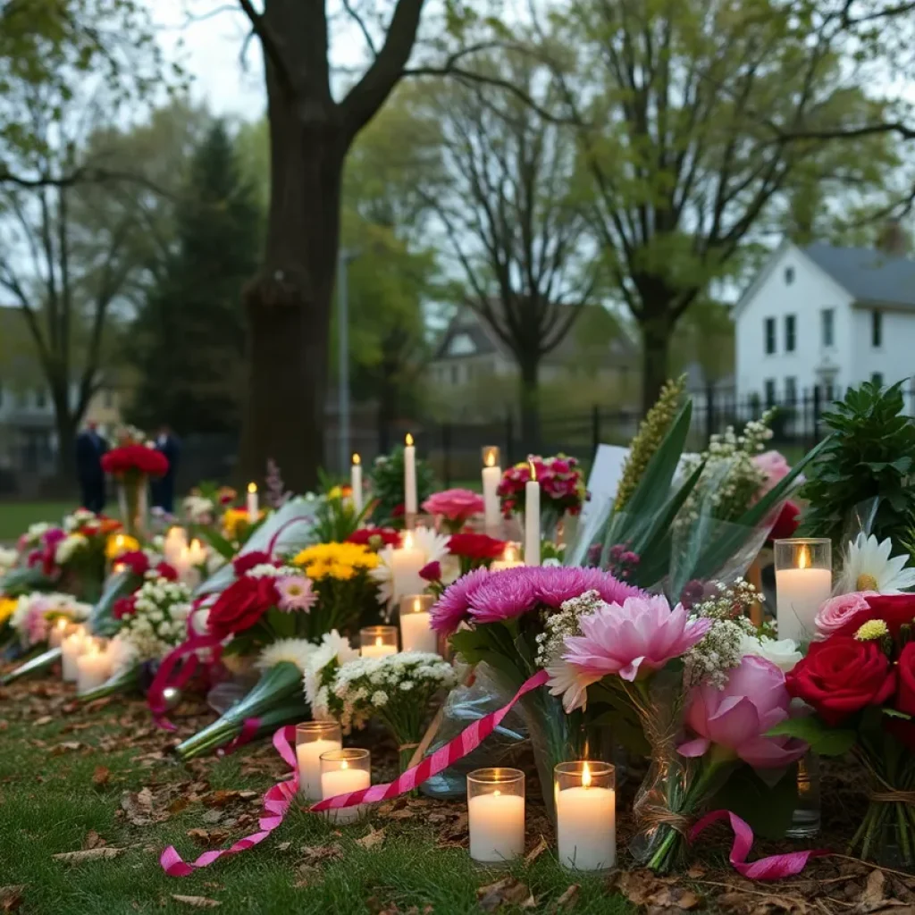 Memorial for young woman victim of homicide surrounded by flowers and candles.