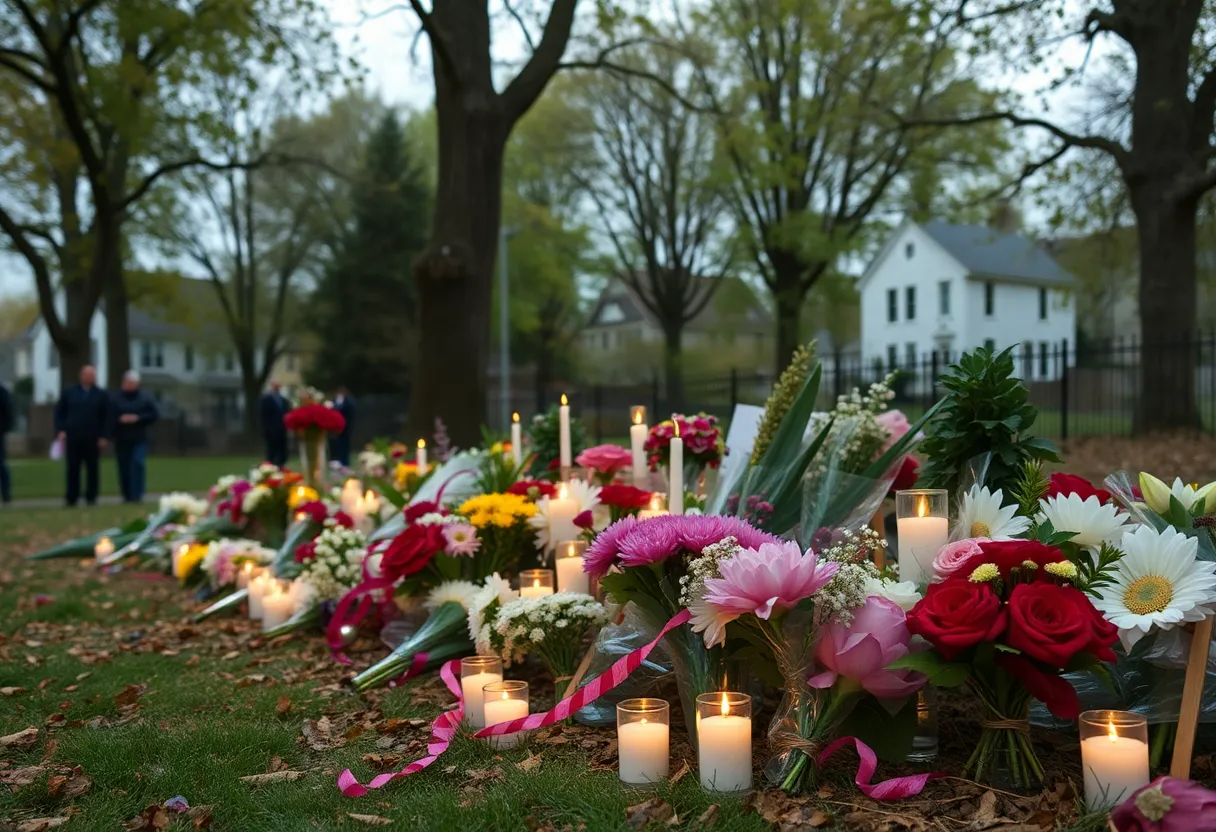 Memorial for young woman victim of homicide surrounded by flowers and candles.