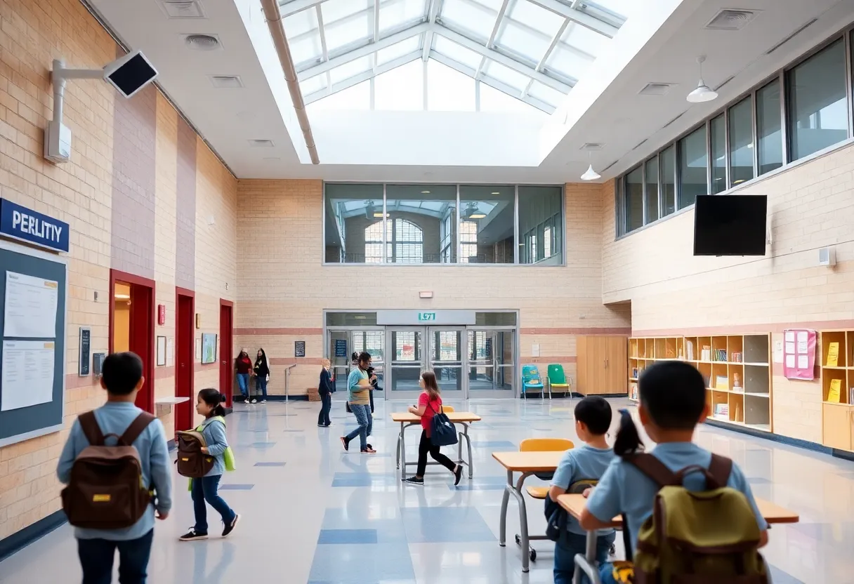 An exterior view of a school showcasing safety improvements.