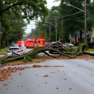Street in Greenwood SC with fallen tree due to thunderstorm