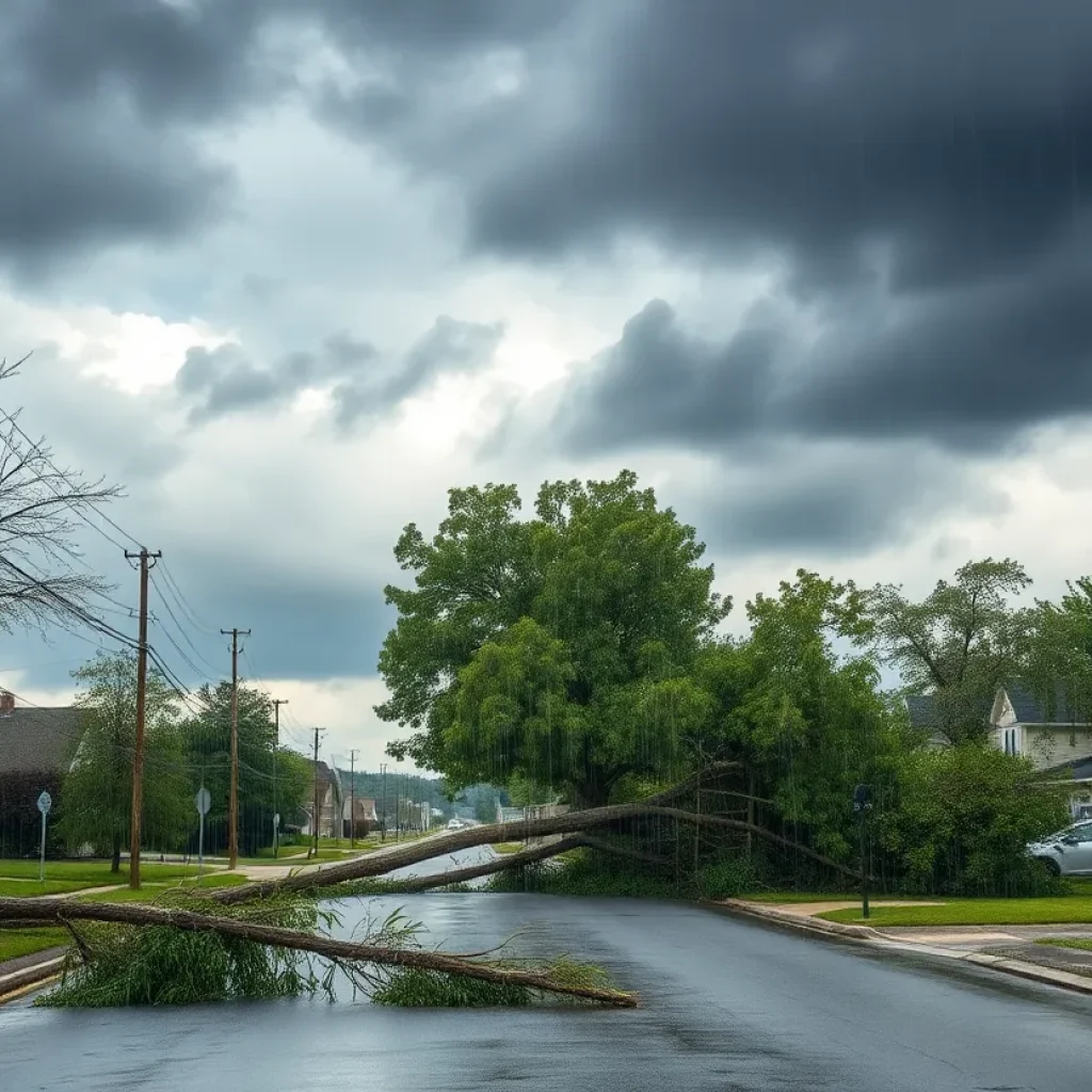 Fallen tree blocking road during severe thunderstorms in Greenwood